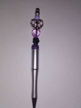 Beaded Purple Glass Top Pen - Silver Body